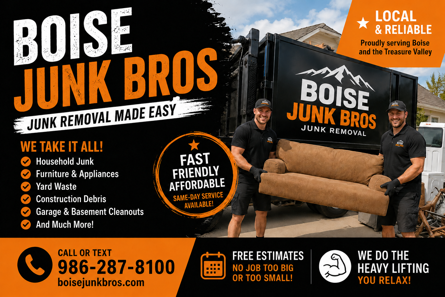 Advertisement for Boise Junk Bros junk removal service. Features two smiling men holding a couch next to their black truck with the company logo. Highlights include fast, friendly, affordable service, free estimates, local and reliable service, and a contact number.