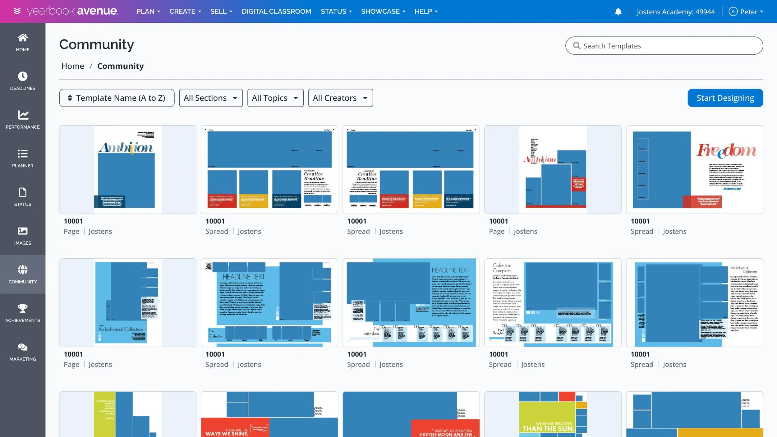 Screenshot of a digital yearbook platform showing multiple templates with a blue and white color scheme, titled 'Community,' with options to start designing or filter templates by name, section, topic, or creator.