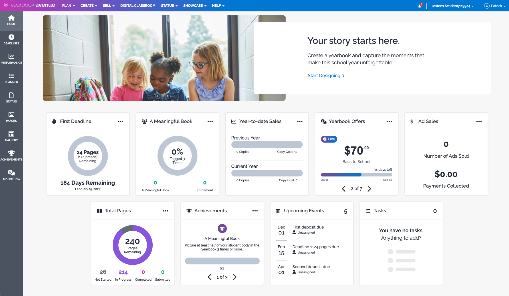 Screenshot of a school yearbook dashboard with a header advertising creating a yearbook, showing metrics like pages remaining, sales, offers, ad sales, achievements, upcoming events, and tasks. The top banner features children in a classroom.