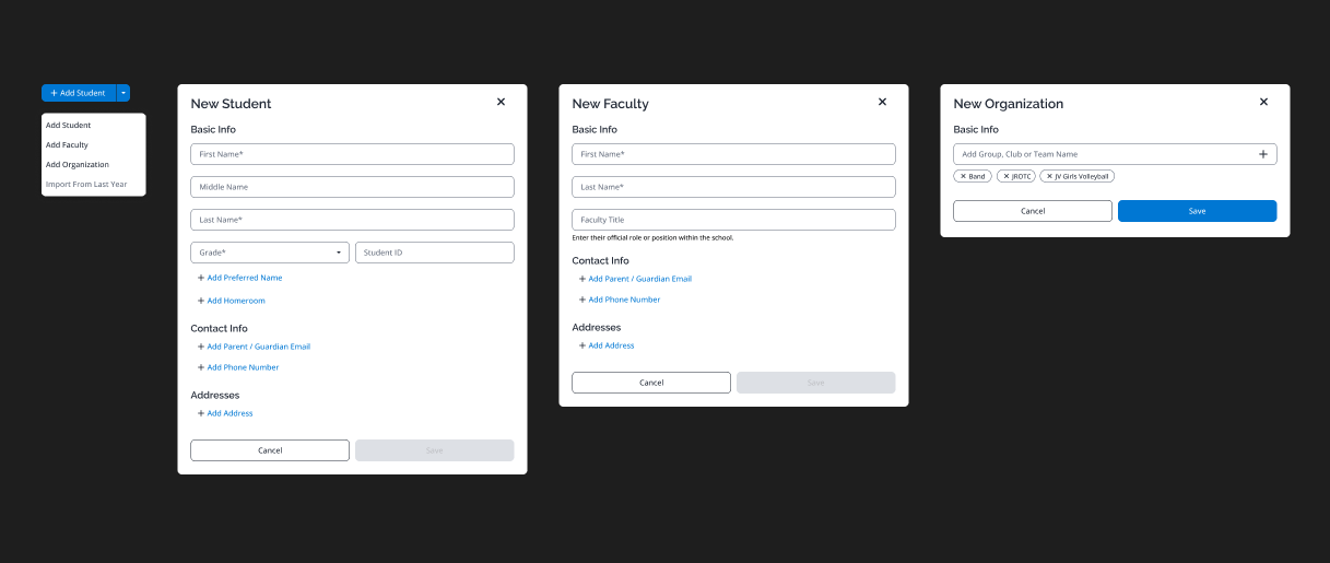 User interface for adding new student, faculty, and organization information forms with fields for names, IDs, emails, phone numbers, addresses, and options to add group memberships.