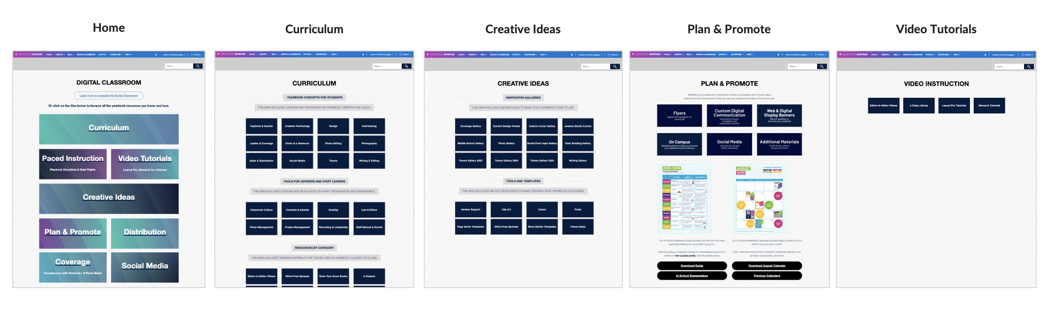 Screenshots of an educational website's pages, including sections titled 'Curriculum,' 'Creative Ideas,' 'Plan & Promote,' and 'Video Tutorials,' each with various resources, links, and visual elements.