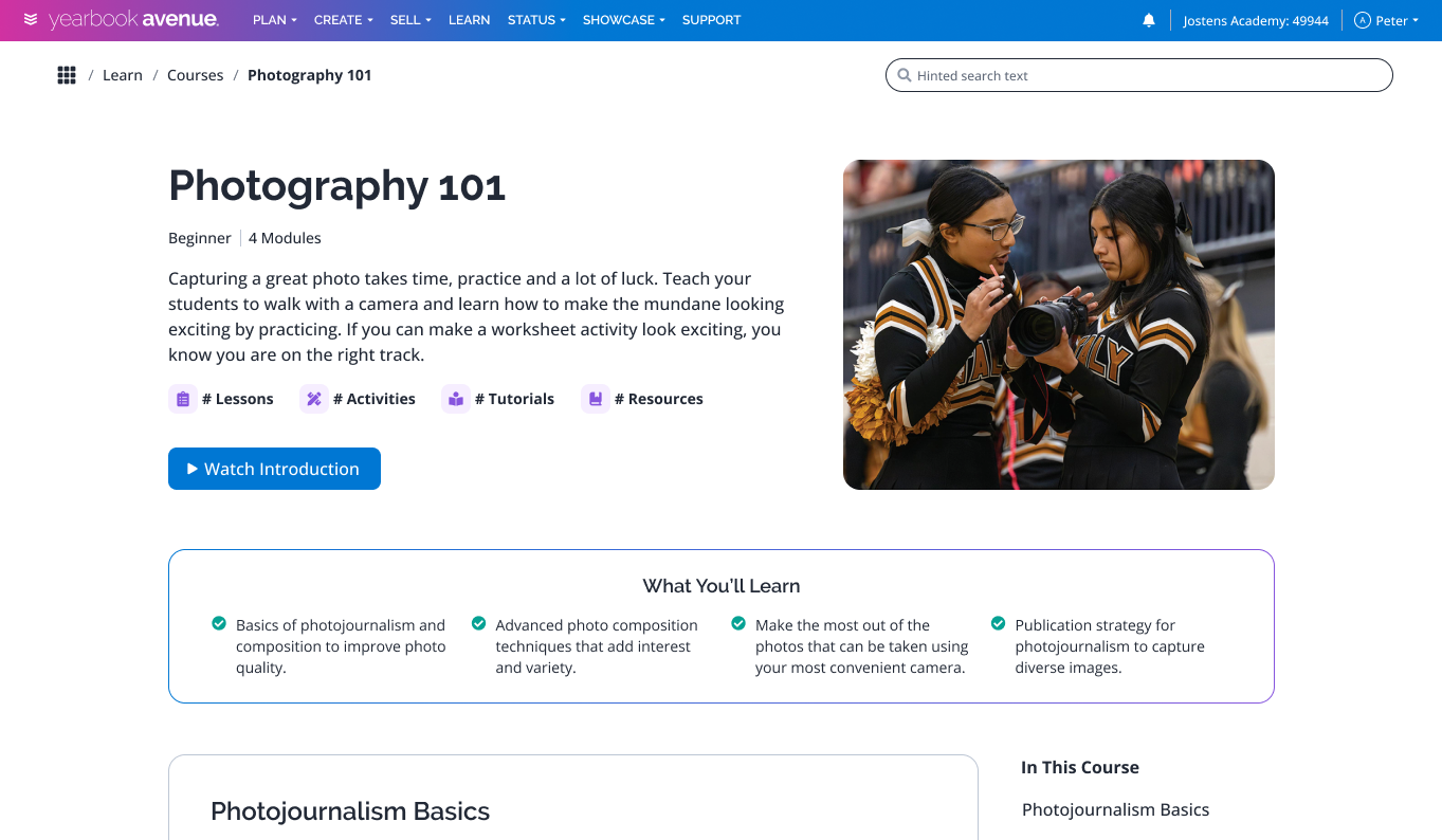 A screenshot of a webpage from Yearbook Avenue titled "Photography 101," showing a course description with a photo of two girls in cheerleading uniforms discussing photography.