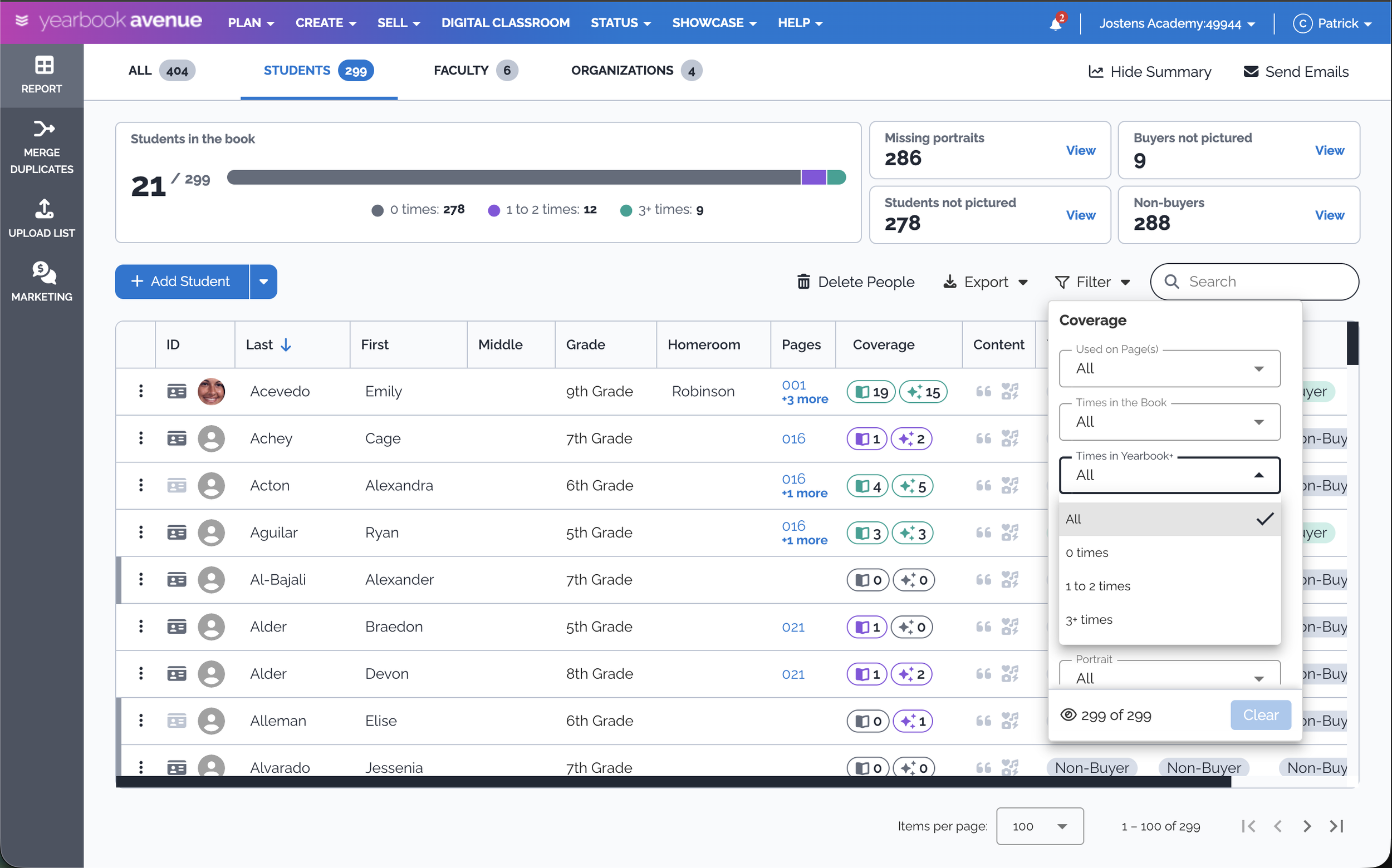 Screenshot of an online student management system showing a list of students with their details including last name, first name, middle, grade, homeroom, and pages, along with various icons and filtering options.