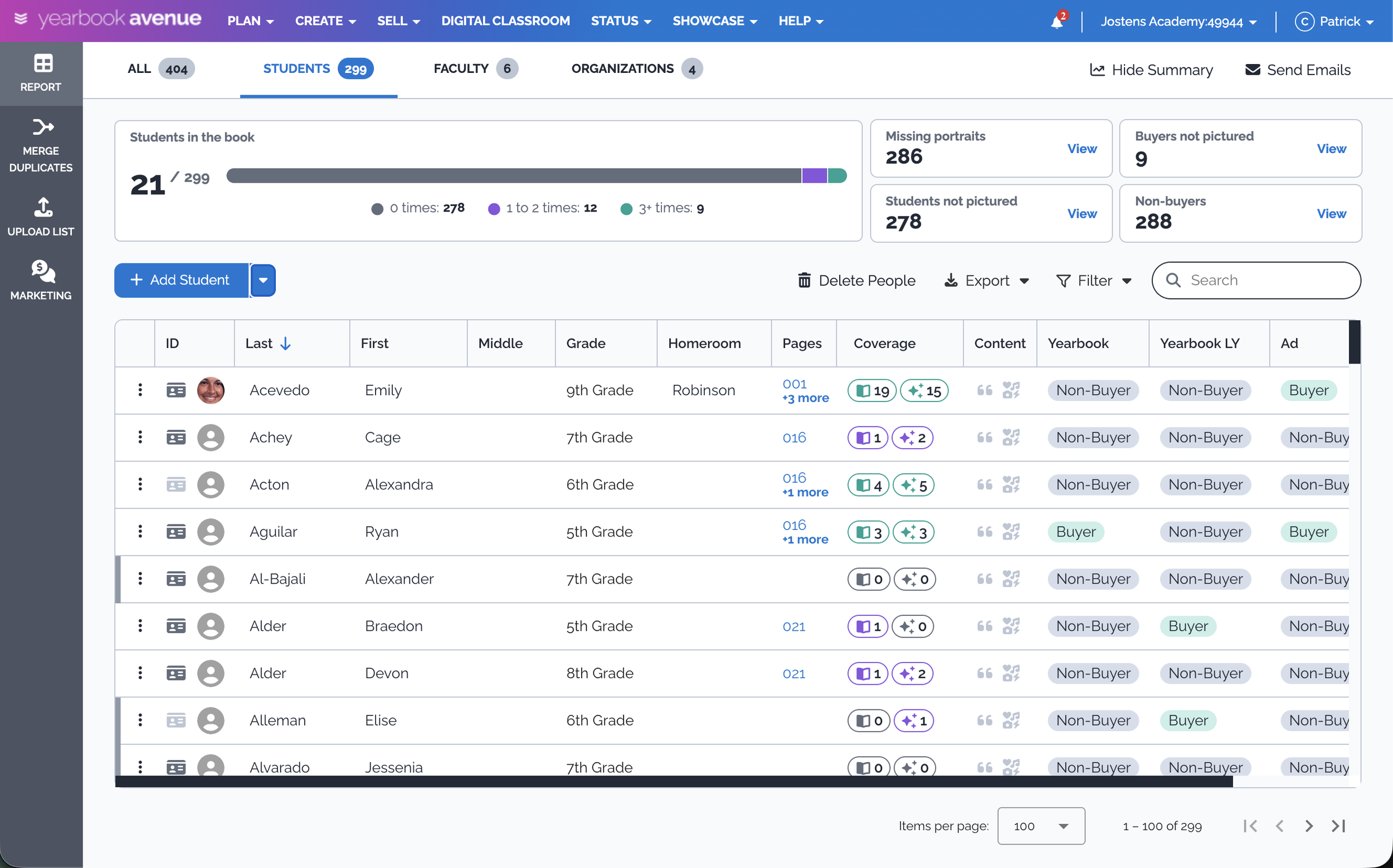 A screenshot of a digital classroom platform dashboard showing student information, including names, grade levels, homeroom teachers, and various icons indicating their activity and status.
