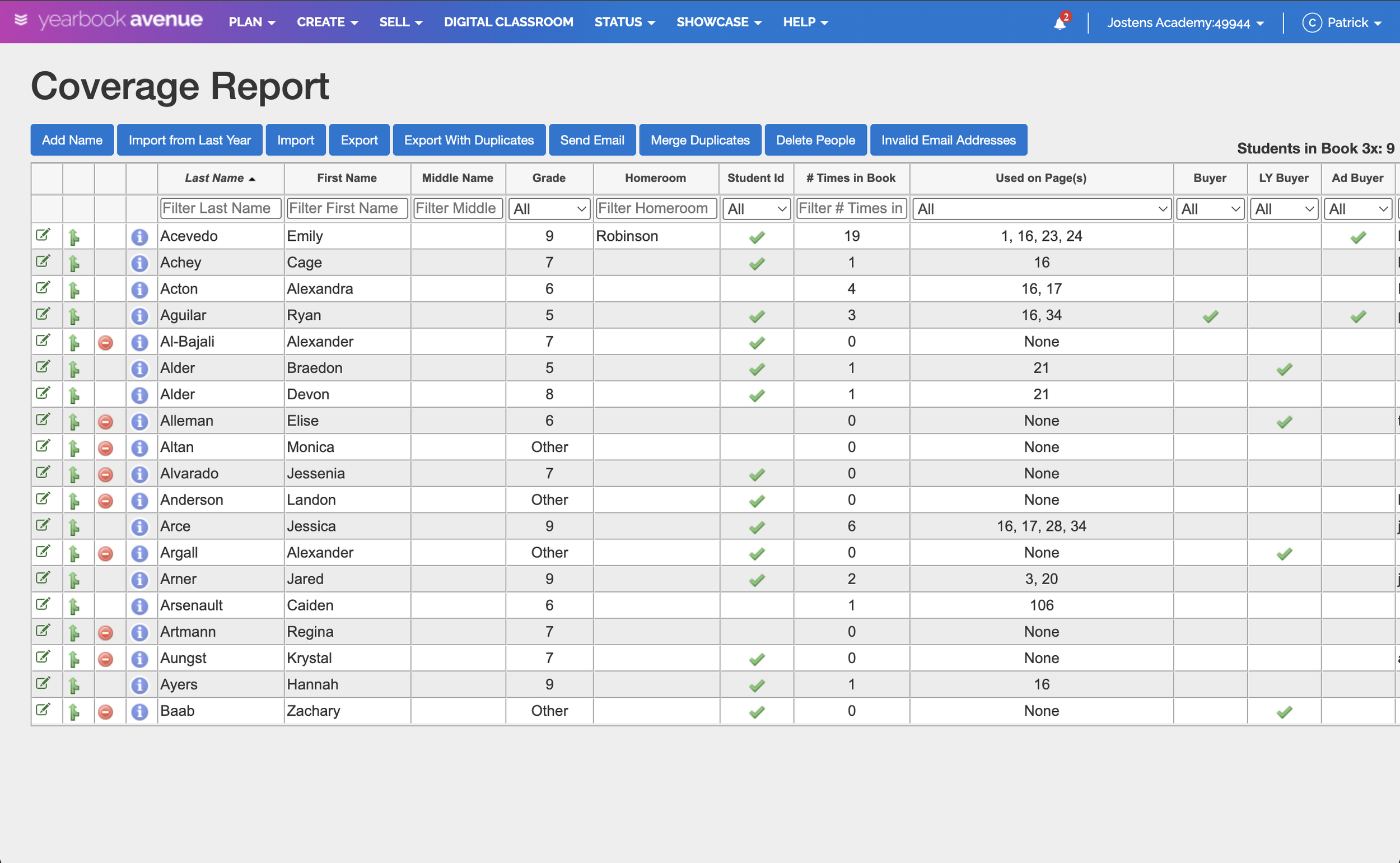 Screenshot of a digital coverage report webpage titled 'Coverage Report' from Yearbook Avenue. It features a table listing students' last names, first names, middle names, grades, homerooms, student IDs, number of times in book, usage on pages, and buyer information. The top menu includes options like plan, create, sell, digital classroom, status, showcase, and help, with a user profile named Patrick and Jostens Academy.