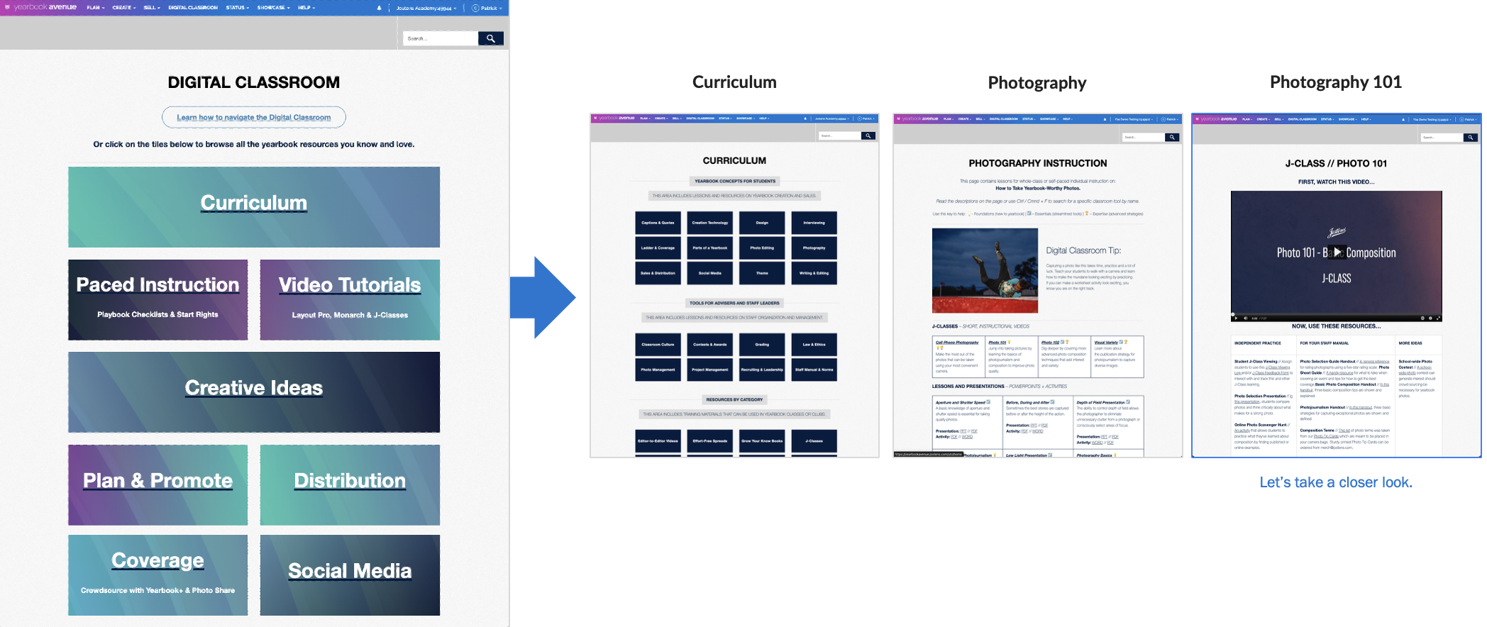 Screenshot of a webpage with resources for digital classroom, including curriculum, photography, and video tutorials. The page shows different sections and navigation options for teachers and students.