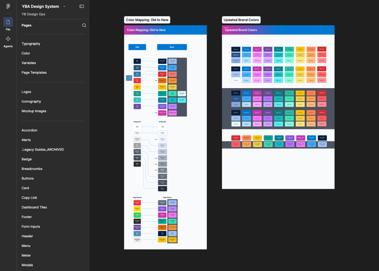Screenshots showing a color mapping comparison of old and new brand colors, including color palettes, flow diagrams, and status indicators.