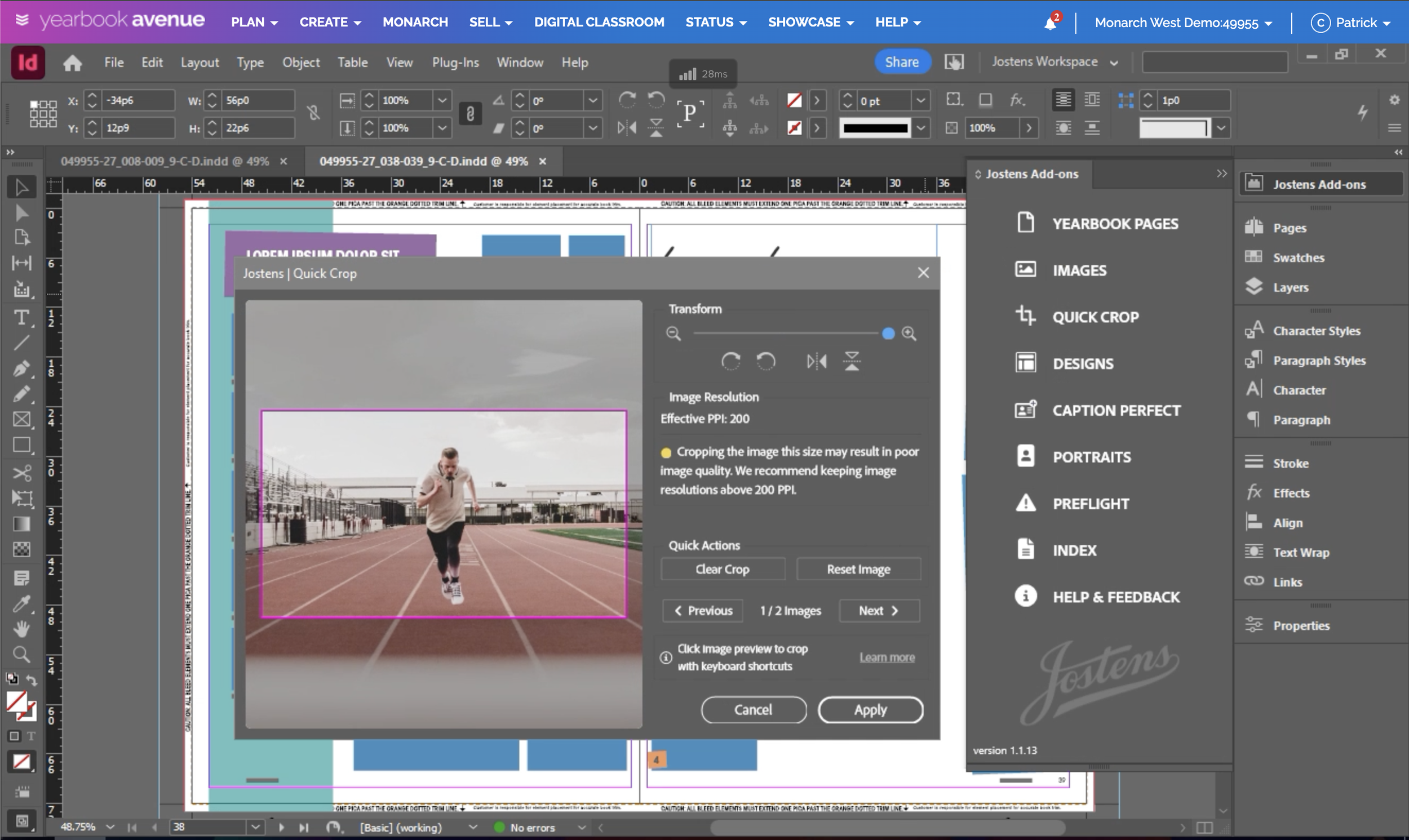 A screenshot of an Adobe InDesign workspace showing a photo of a man running on a track, with a cropping tool open around him. The workspace features multiple panels, toolbars, and menus for design editing.