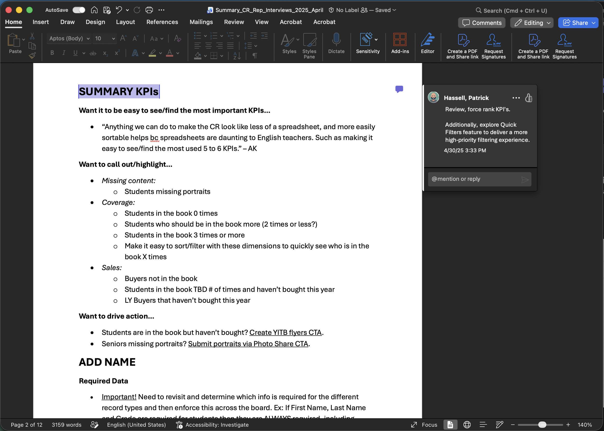 A Microsoft Word document titled 'SUMMARY KPIs' discussing key performance indicators, with a pop-up chat from 'Hassell, Patrick' giving feedback on the document and timestamped 4/30/25 at 3:33 PM.