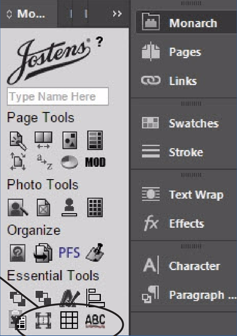 Screenshot of a graphic design software interface showing various tools and panels, including Page Tools, Photo Tools, Organize, Essential Tools, and text options on the right side.