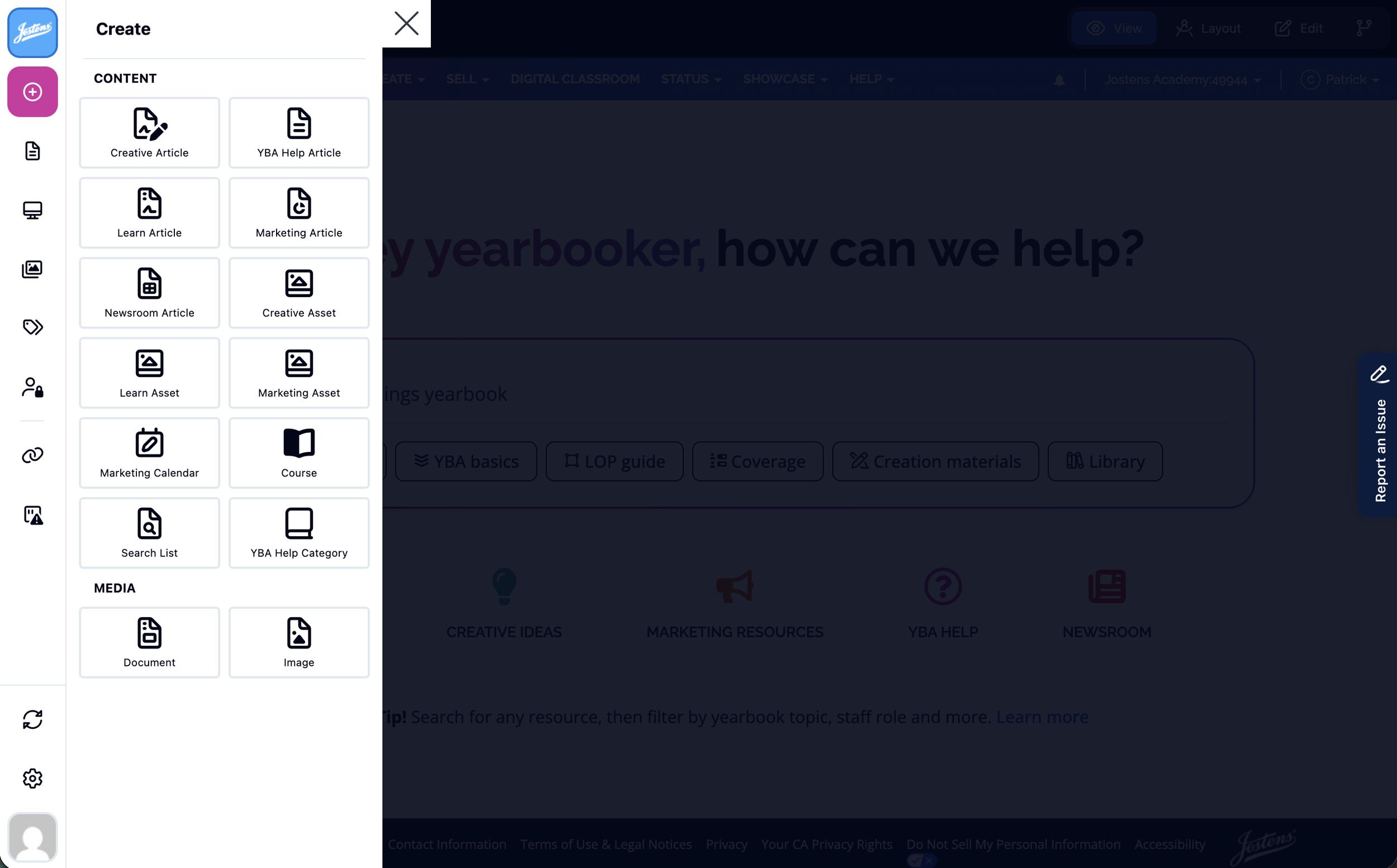 Screenshot of a digital interface showing a sidebar menu with options for creating and managing content, and part of a webpage in the background with text that reads 'yearbook, how can we help?' and navigation buttons at the bottom.