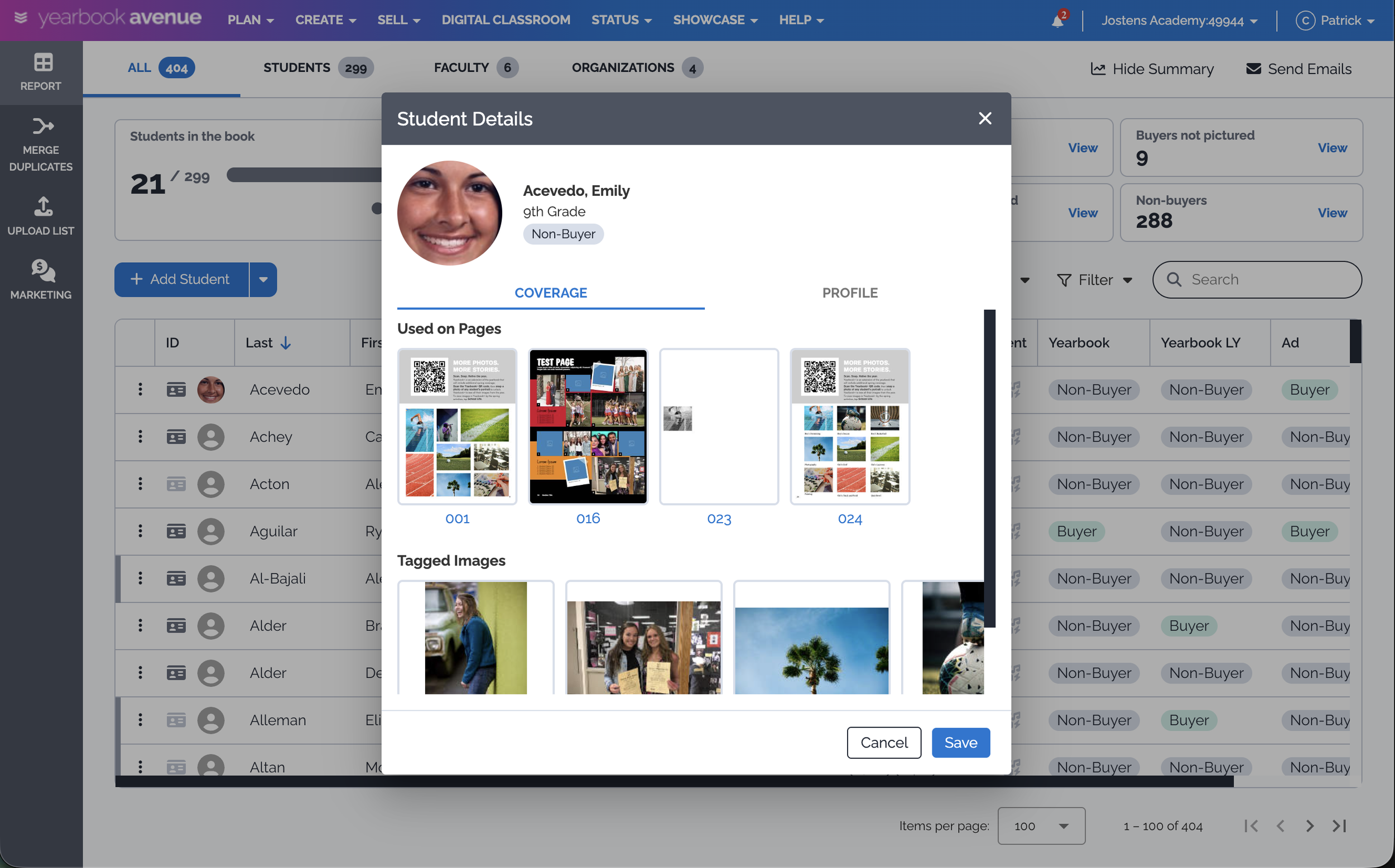 Screenshot of a user interface displaying student details in a school management system. It includes a profile picture of a smiling girl, her name Emily Acevedo, her grade, and her status as a non-buyer. The interface also shows tabs for different pages and tagged images, with options to save or cancel.
