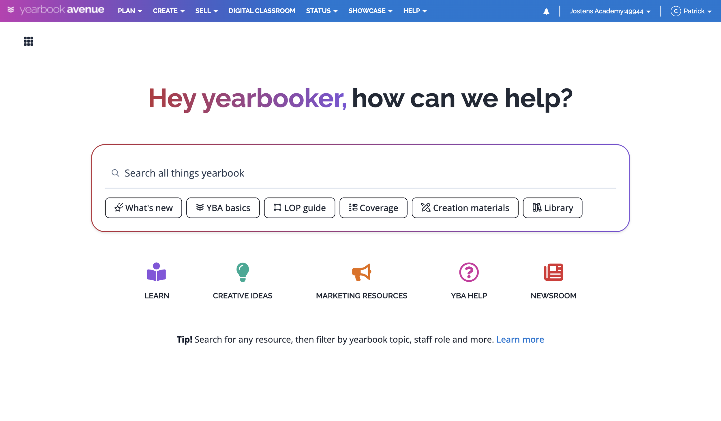 Homepage of a website with a purple header menu containing options such as Plan, Create, Sell, Digital Classroom, Status, Showcase, Help, and a user profile menu. The main content area has a welcoming message 'Hey yearbook, how can we help?' with a search bar for all yearbook-related topics and several buttons labeled What's new, YBA basics, LOP guide, Coverage, Creation materials, and Library. The bottom part shows icons and labels for Learn, Creative Ideas, Marketing Resources, YBA Help, and Newsroom.