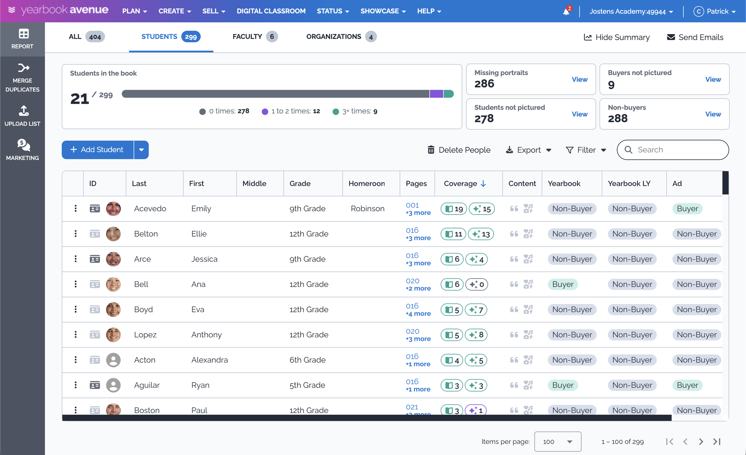 Screenshot of a school management software dashboard showing a list of student profiles with details such as name, grade, homeroom, pages, coverage, content, yearbook, and ad status. The interface includes options to add, delete, export, and filter students, with tabs for student, faculty, and organization information.