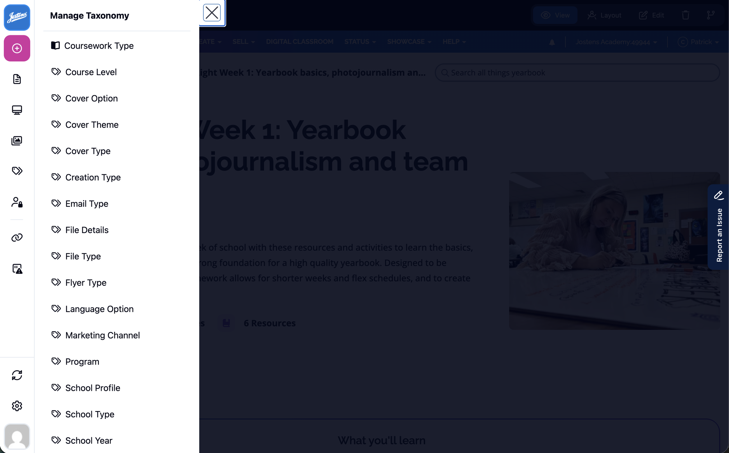 Screenshot of a user interface with a sidebar menu titled 'Manage Taxonomy' that lists options such as 'Coursework Type,' 'Course Level,' 'Cover Option,' 'Cover Theme,' and others. In the background, part of a webpage page titled 'Week 1: Yearbook' is visible.