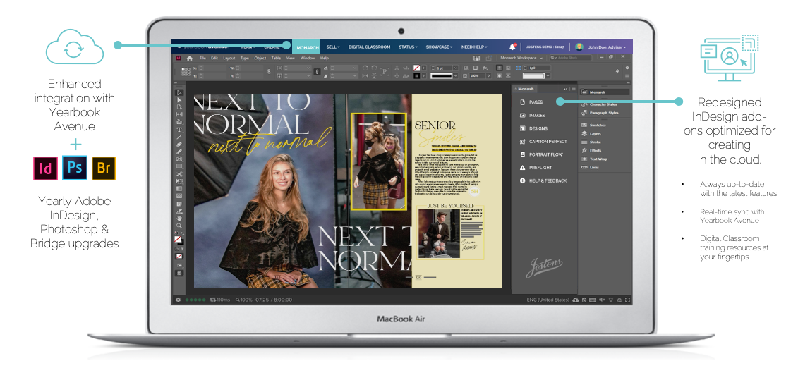 Laptop screen displaying a digital design project in Adobe InDesign with a photo of a girl and magazine-style text, showing features like integrated Adobe Creative Cloud apps and design tools.
