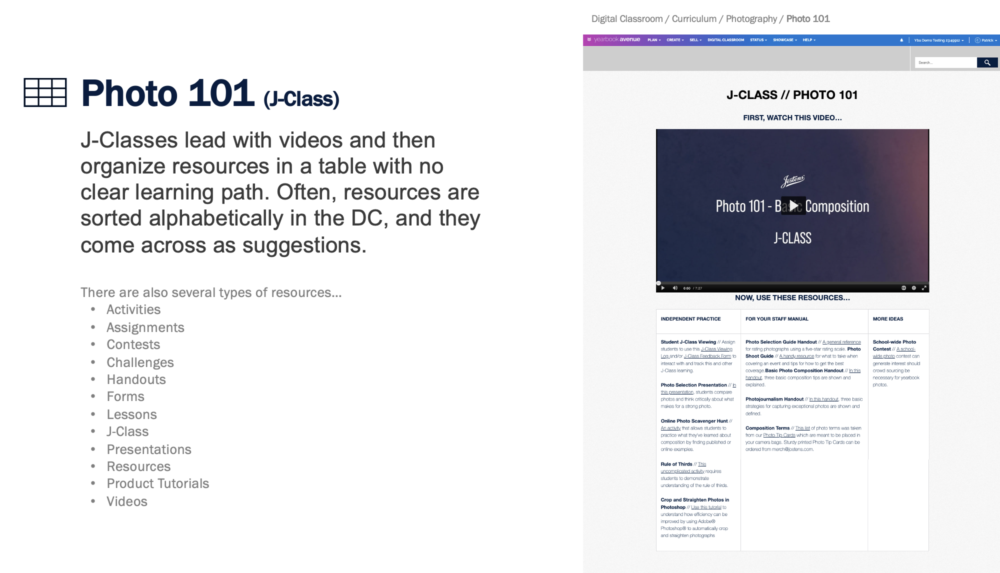 Screenshot of a webpage titled 'Photo 101 (J-Class)' with instructional content about organizing educational resources like activities, assignments, and videos for a digital classroom setting.