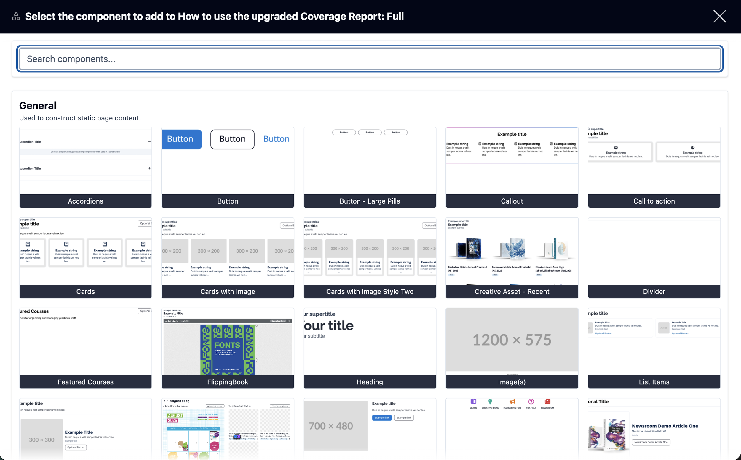 Screenshot of a webpage displaying a selection of component templates for building a coverage report, including buttons, cards, headers, images, and other layout elements.