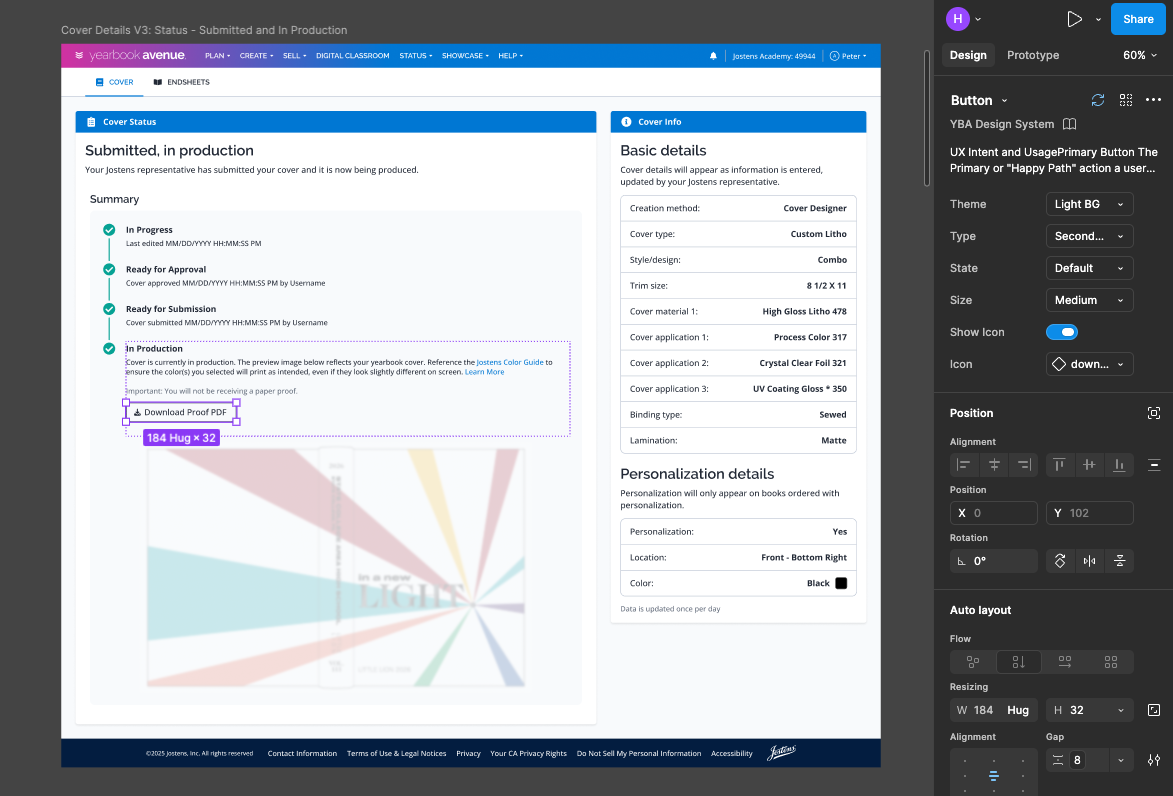 A screenshot of a project management dashboard showing the submission status for a cover design. It indicates the project is in production, with a link to download a proof PDF, and a visualization of color selections for the cover. There are details about the cover's style, materials, and personalization options on the right side.