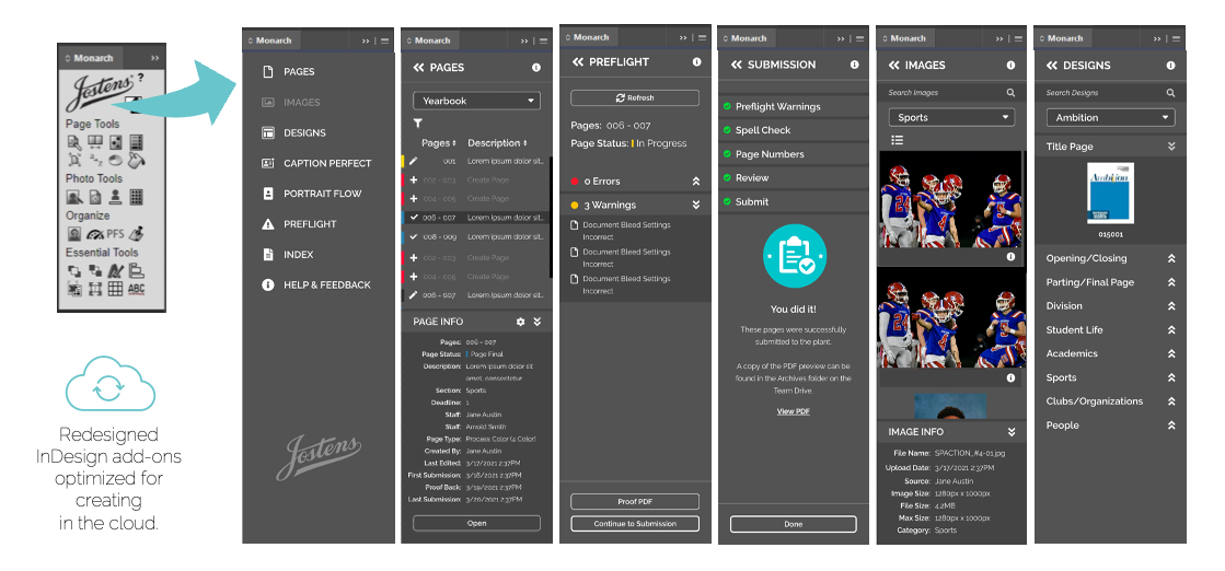 Screenshots of a graphic design or review workflow, showing pages, preflight checks, submission, images, and designs for a sports project.