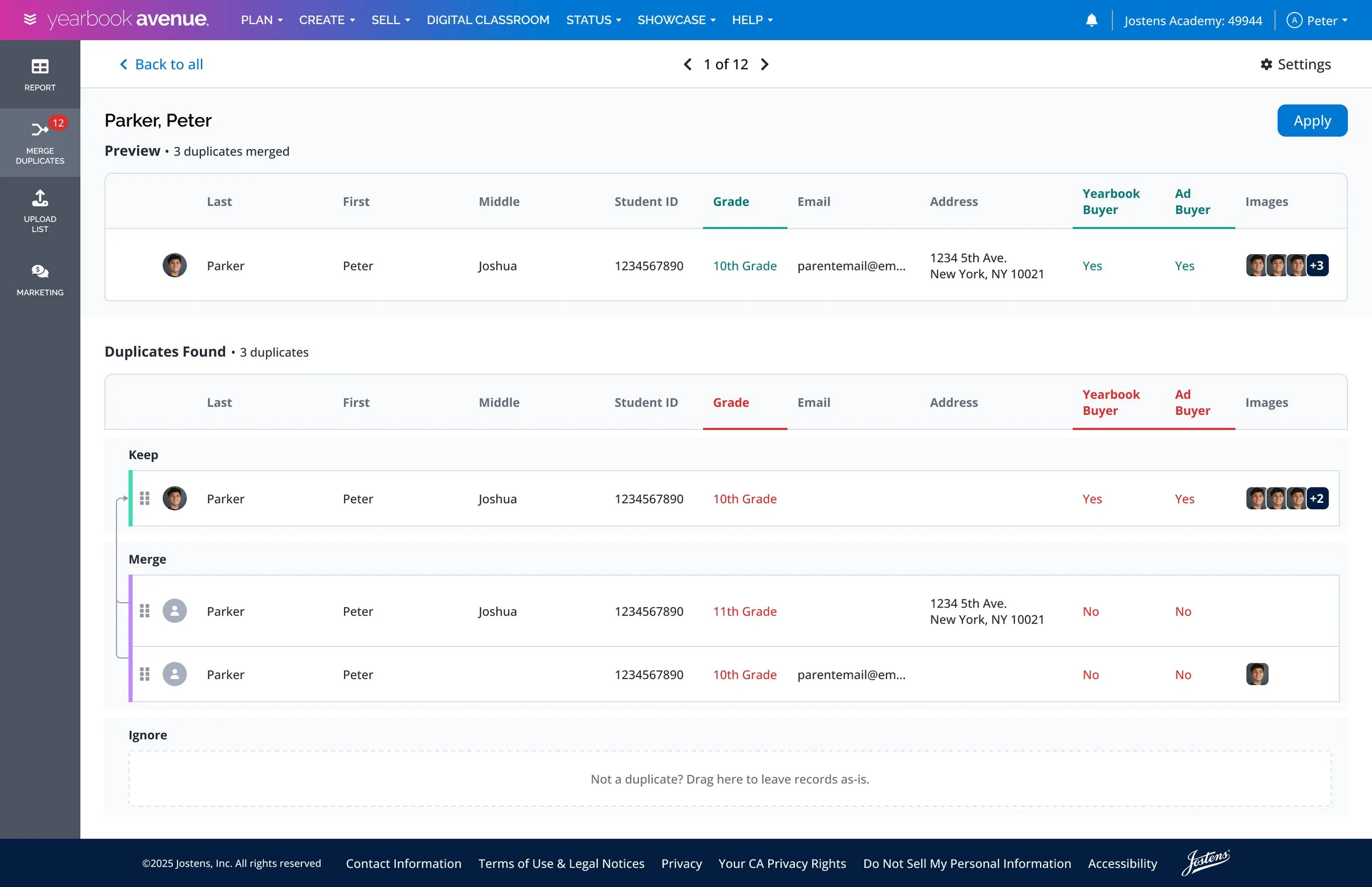 Screenshot of a student information management system with details of a student named Peter Parker, including their grade levels, email, address, and status of yearbook and ad buyer options, with duplicate records and merging options visible.