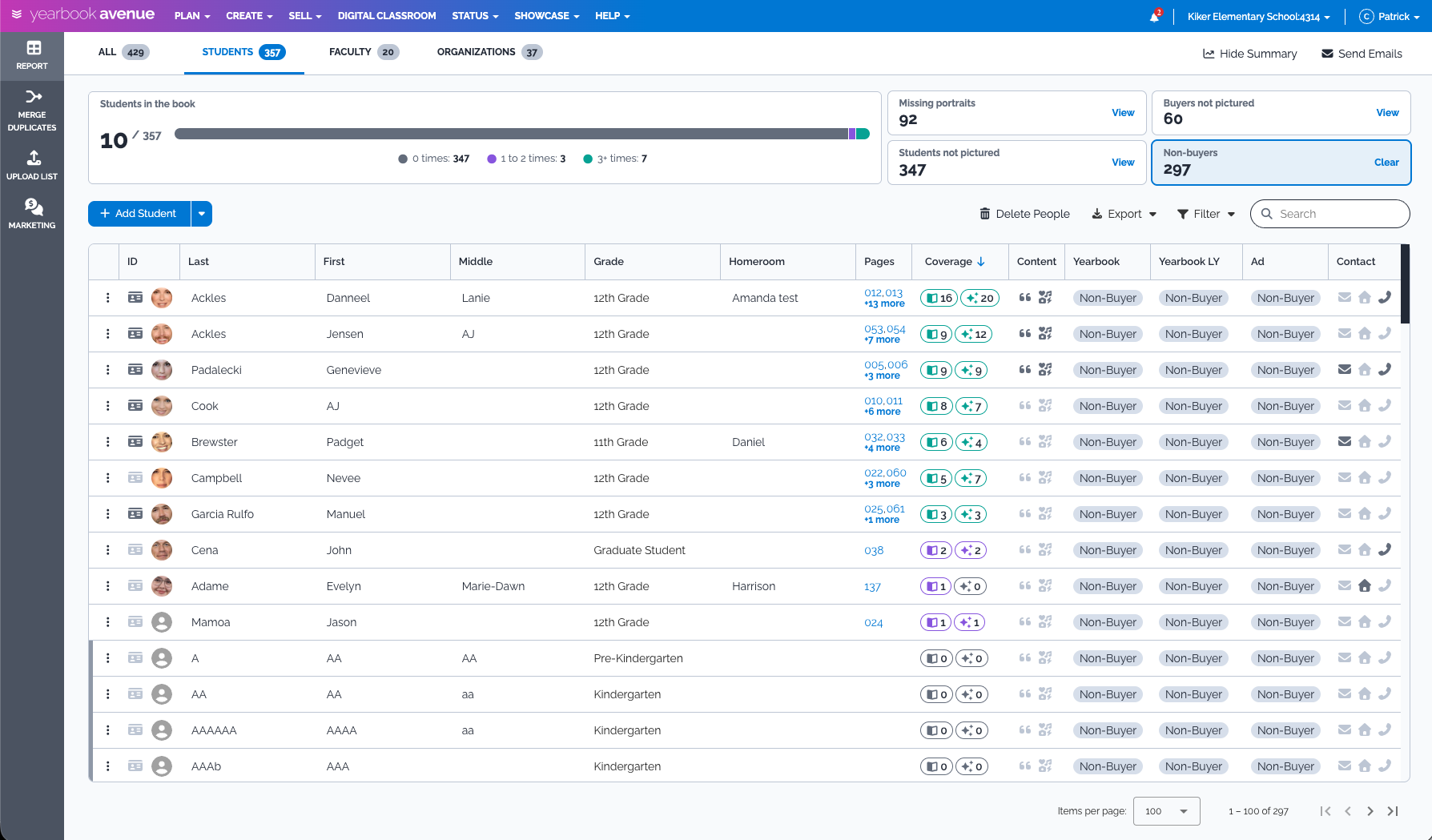 School management dashboard showing student information, including names, grades, homerooms, pages read, and activity levels, with tabs for different categories of students and options for managing student data.