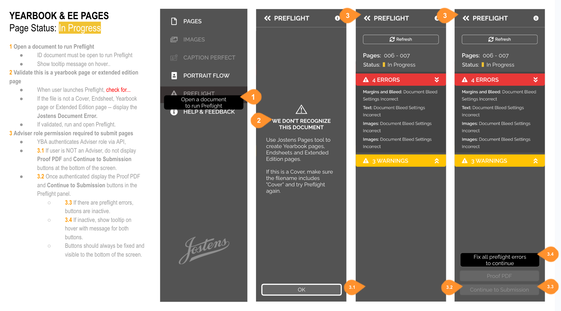 Screenshot of a tutorial page for creating Yearbook and EE Pages using Jostens software, showing steps to validate pages, recognize documents, and fix errors in a user interface with warnings and errors.