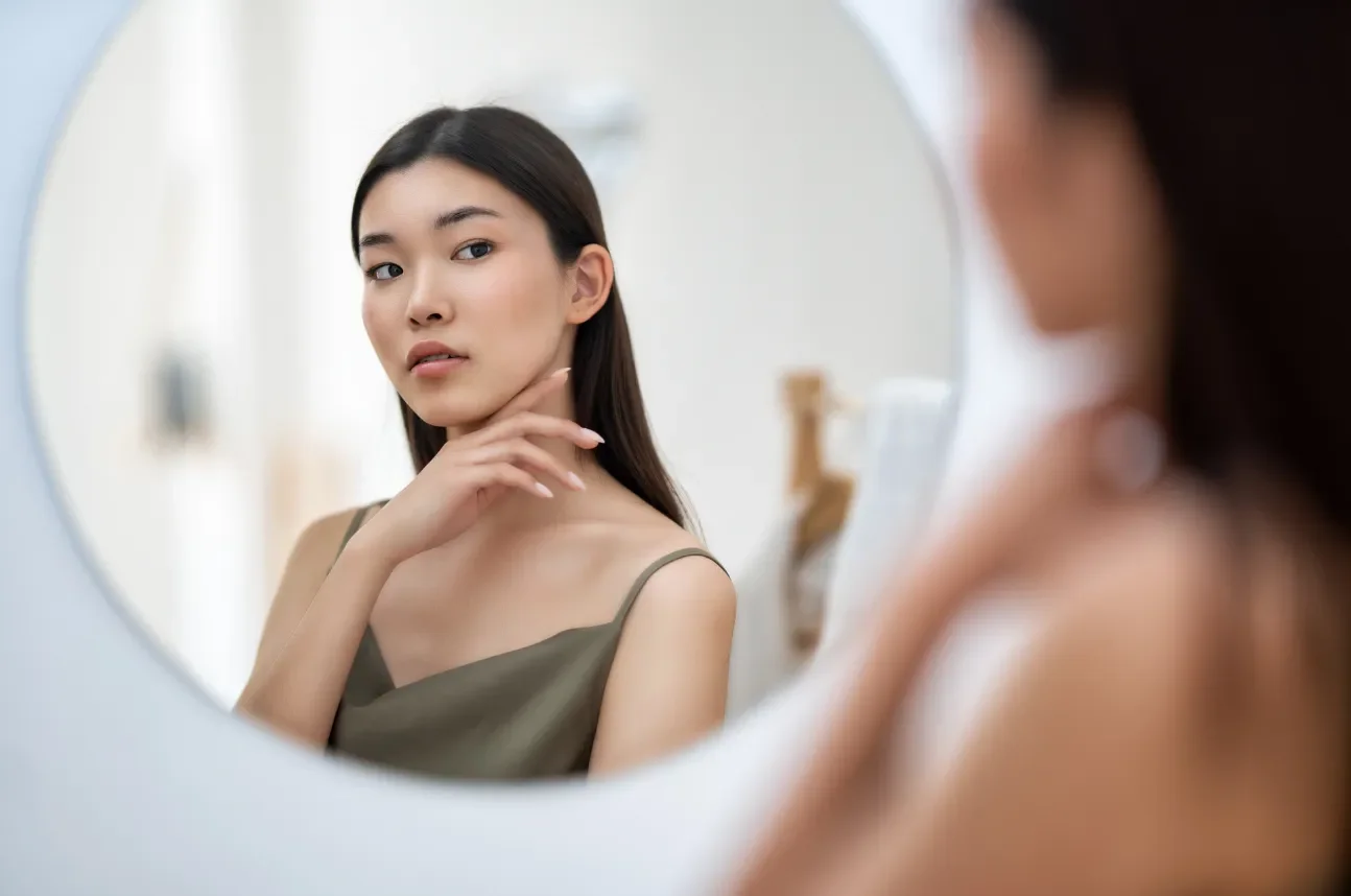 Woman looking at her reflection in a mirror