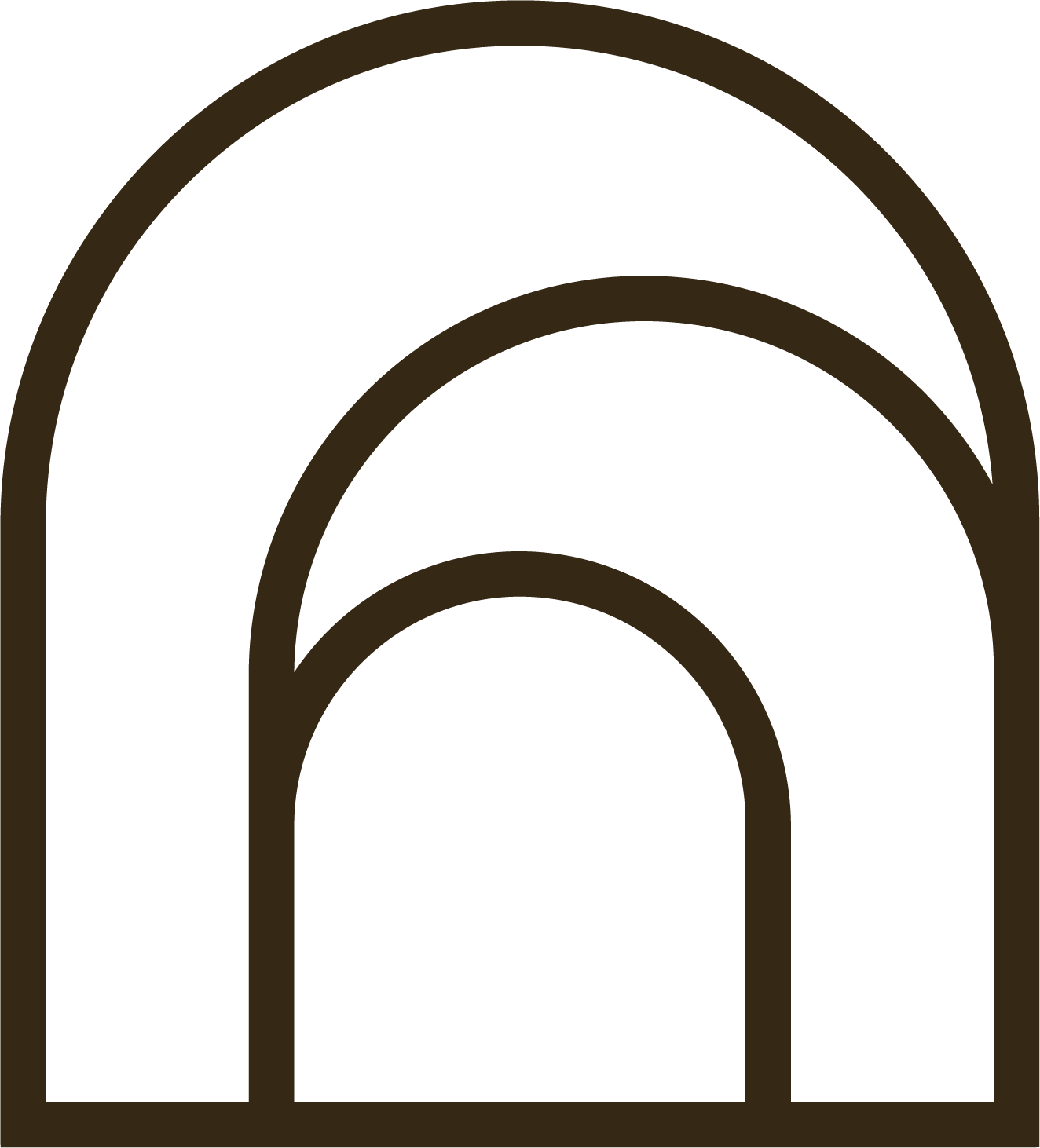 Black and brown outline of a rainbow with three arches.
