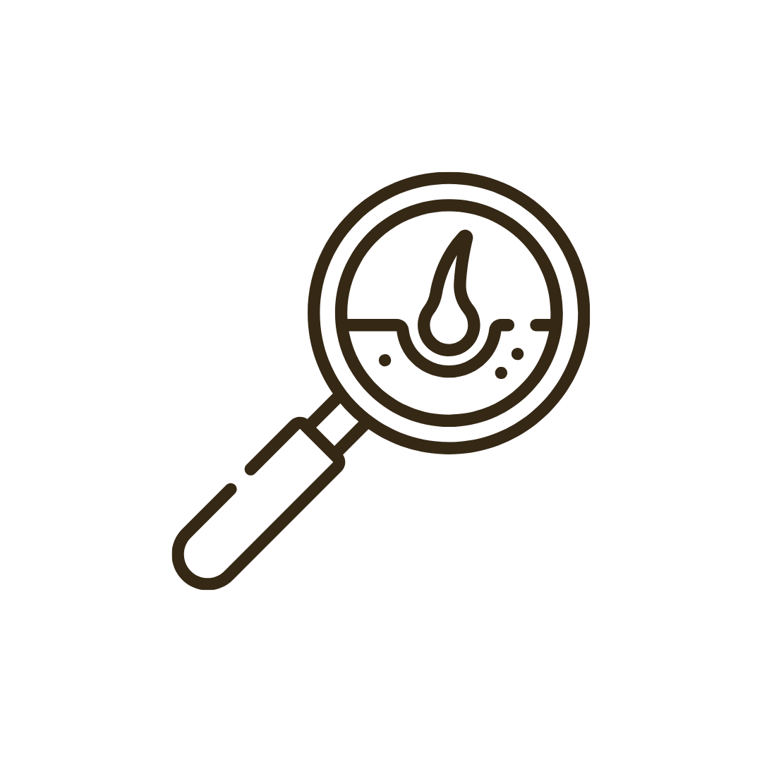 Magnifying glass inspecting oil with a drop icon inside.