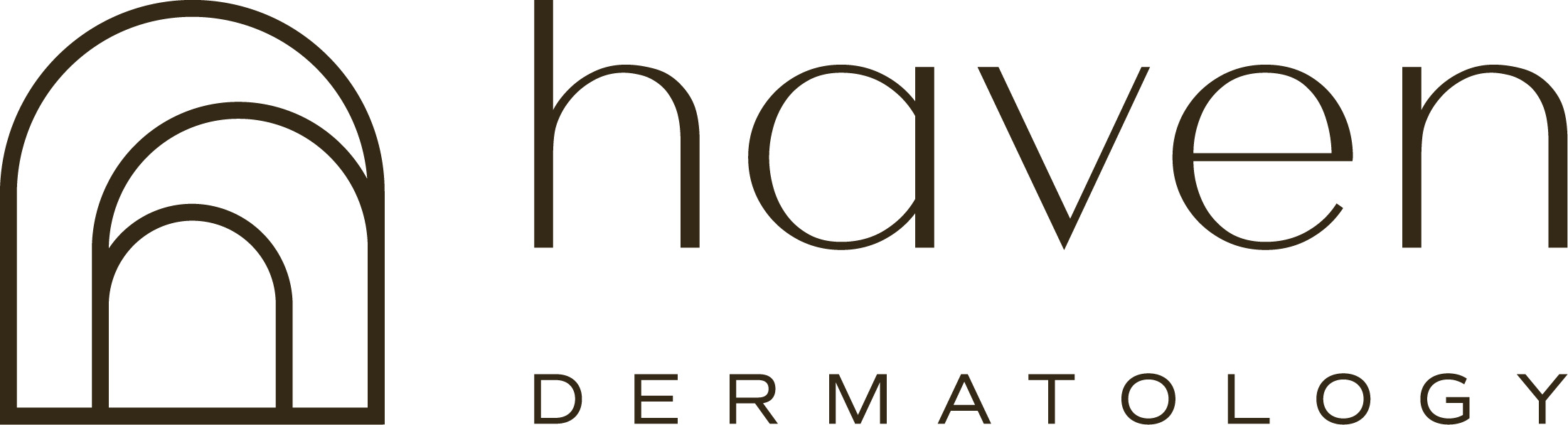 Logo for Haven Dermatology featuring an arch design and the words 'Haven Dermatology' in brown text.