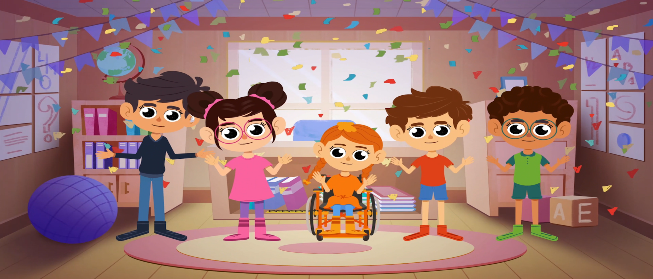 Illustration of five children celebrating in a classroom decorated with colorful bunting and confetti. One girl in a wheelchair is at the center, with children around her. The classroom has educational posters, books, and a globe.