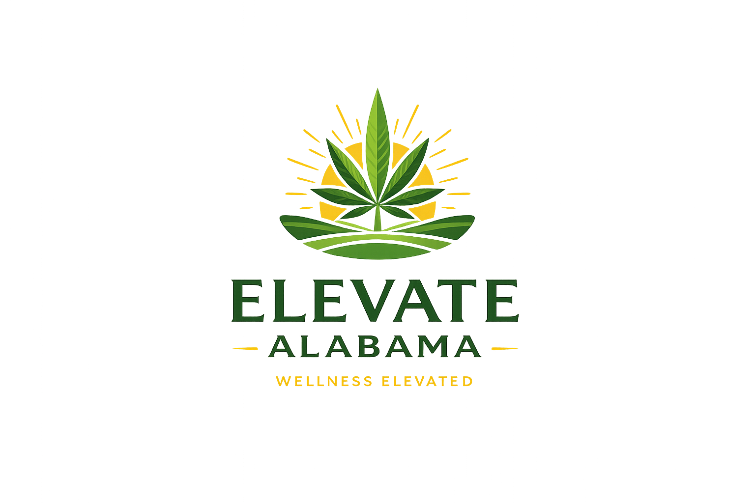 A logo with a green marijuana leaf with sun rays behind it, above the words "ELEVATE ALABAMA" in green, and the tagline "WELLNESS ELEVATED" in orange beneath.