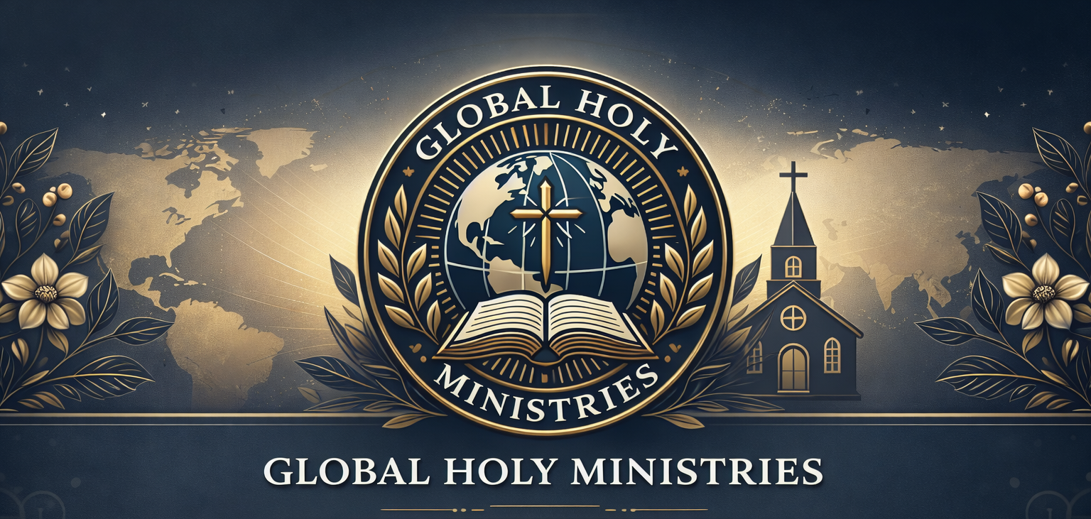 A logo for Global Holy Ministries featuring a globe, a cross, an open Bible, and laurel leaves, with a church building and world map in the background, in gold and navy colors.