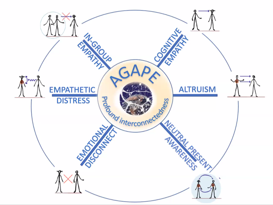 Diagram illustrating the components of empathy and interconnectedness, including in-group empathy, cognitive empathy, altruism, neutral presence, emotional disconnect, empathetic distress, depicted with stick figures demonstrating various interactions around the central circle labeled 'AGAPE' with a tree and roots.