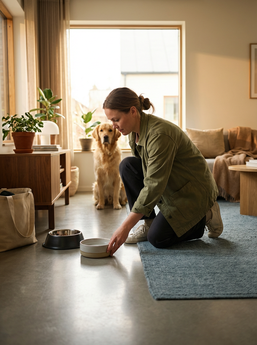 A woman is kneeling on the floor, placing a bowl in front of her. A Golden Retriever dog is sitting behind her, looking at the camera. The room has natural light coming through a large window, with plants and furniture, including a beige sofa and a wooden table.