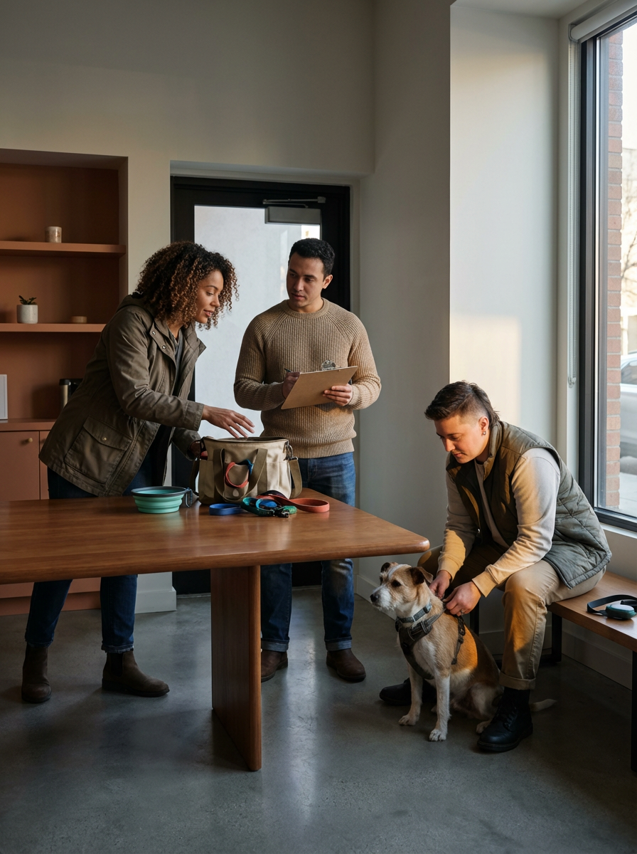 Three people with a dog inside a modern room, two women and one man. One woman is leaning over the table, looking into a bag. The man is sitting and petting the dog, which is sitting by his feet. The room has a large window, a wooden table, and shelves with small plants and decor.