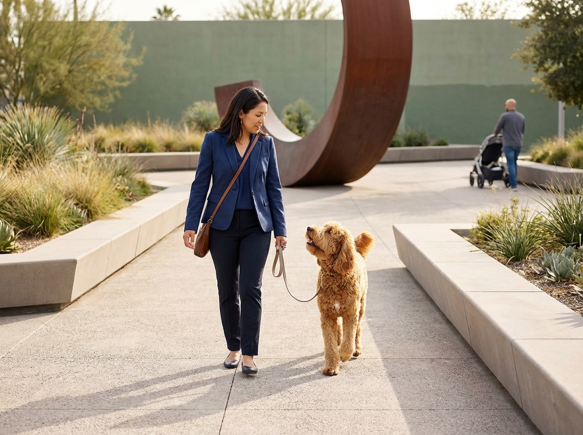 A woman in a blue blazer walks a golden retriever on a leash in a park with modern sculptures and desert plants.