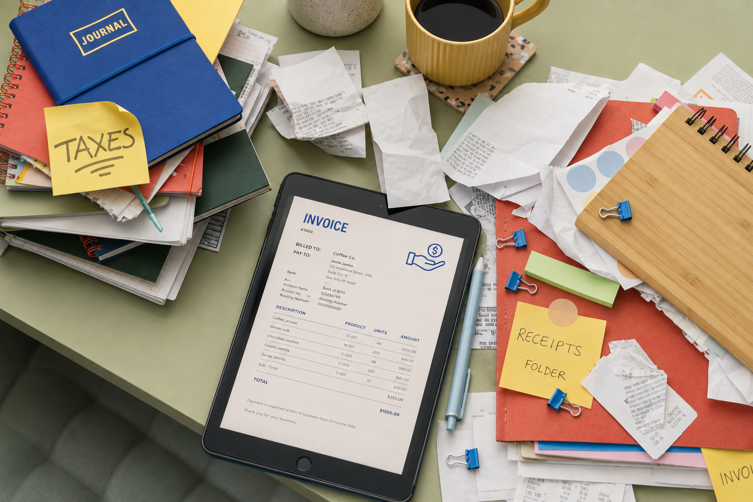 A cluttered desk with piles of receipts, notebooks, and folders, a digital invoice on a tablet, a yellow coffee mug, and scattered office supplies.