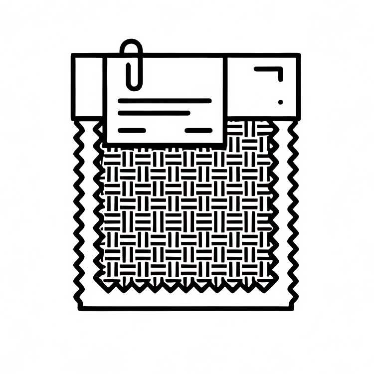 A black and white line drawing of a laundry bag with a list and a paperclip attached to the top, resting on a woven surface with zigzag sides.