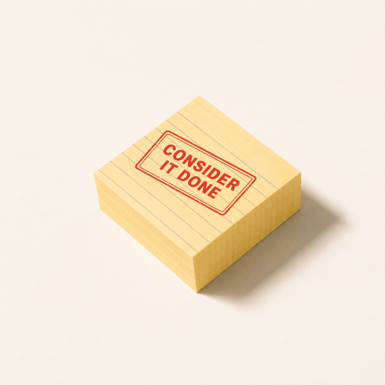 A stack of yellow sticky notes with a red stamp that reads 'CONSIDER IT DONE' on top, on a white surface.