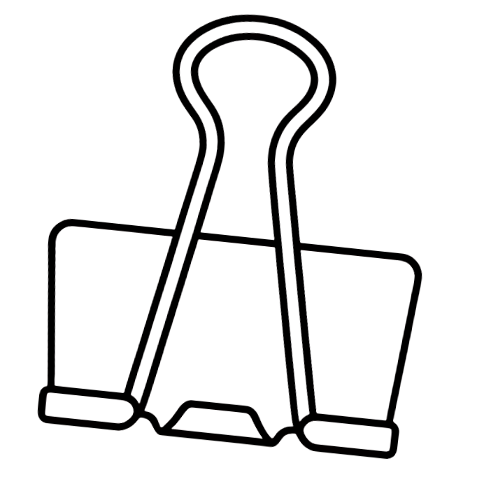 A black and white illustration of a paperclip attached to a rectangular paper or file folder.