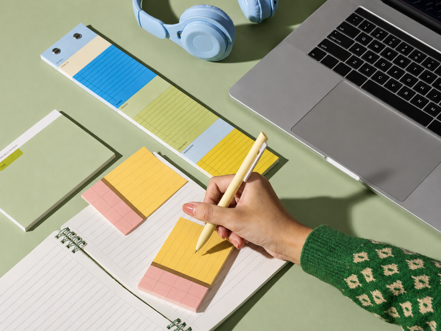 A person writing on a yellow sticky note in a planner on a desk with colorful sticky notes, a laptop, notepad, and a pair of light blue headphones.