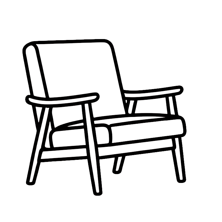 Outline drawing of a modern armchair with wooden frame and cushions.