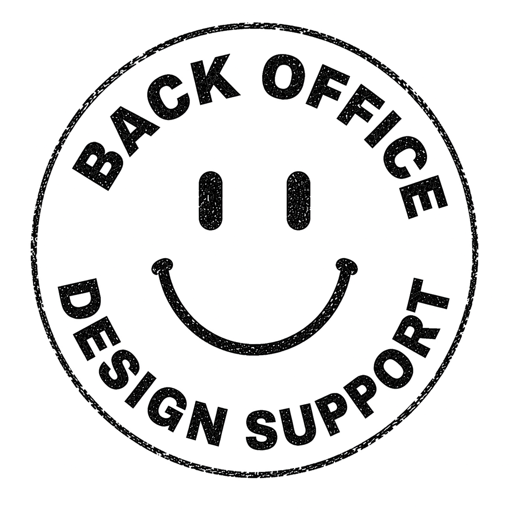 A circular logo with a distressed white smiley face and the text "BACK OFFICE" at the top and "DESIGN SUPPORT" at the bottom on a black background.
