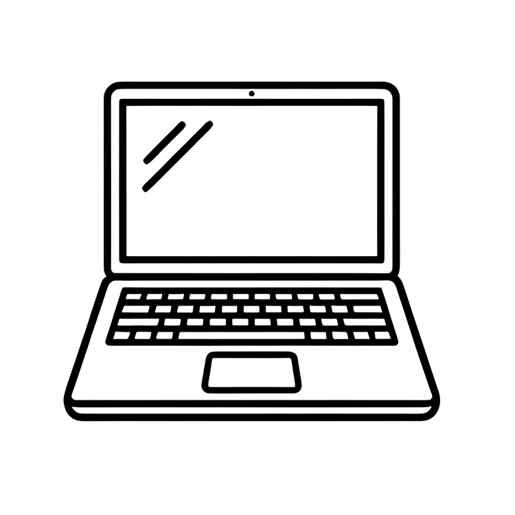 A digital illustration of a laptop with its screen and keyboard visible, and a green charging indicator on the front edge.
