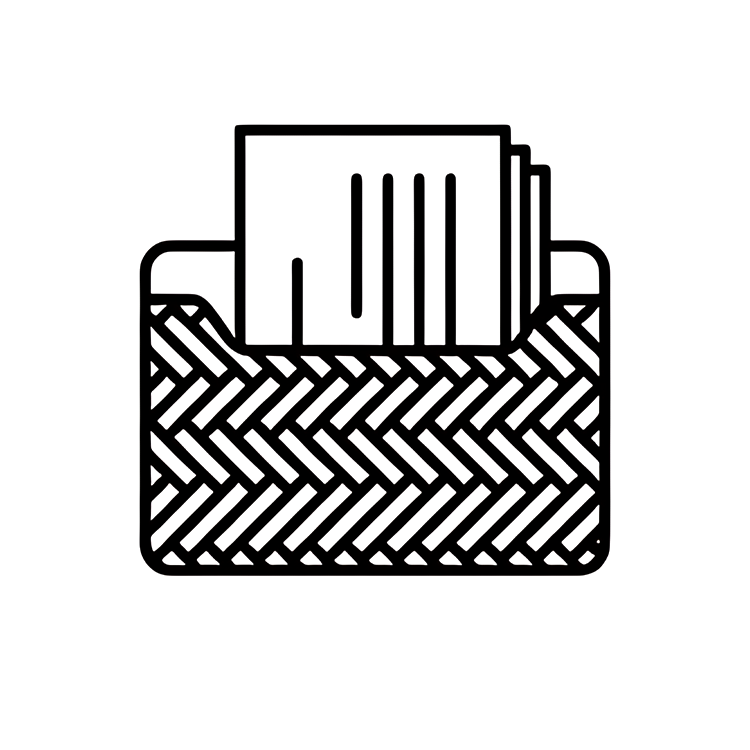 Outline icon of a folder with standing documents or files inside.
