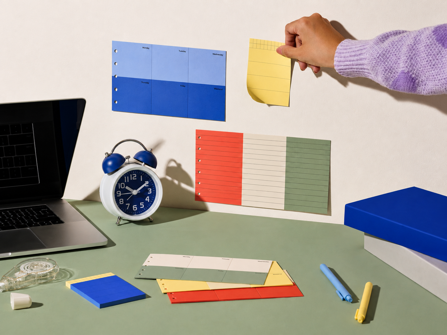 Desk with colorful desk organizers, a blue alarm clock, a laptop, and pens, with wall-mounted page markers in various colors and a sheet of paper.
