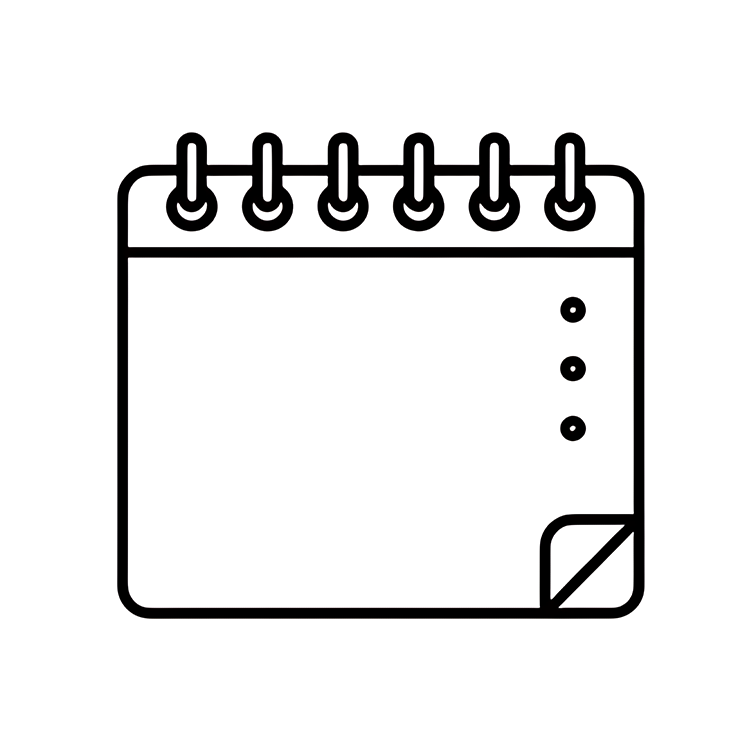 Simple line drawing of a notepad with spirals at the top and a small folded corner at the bottom right.