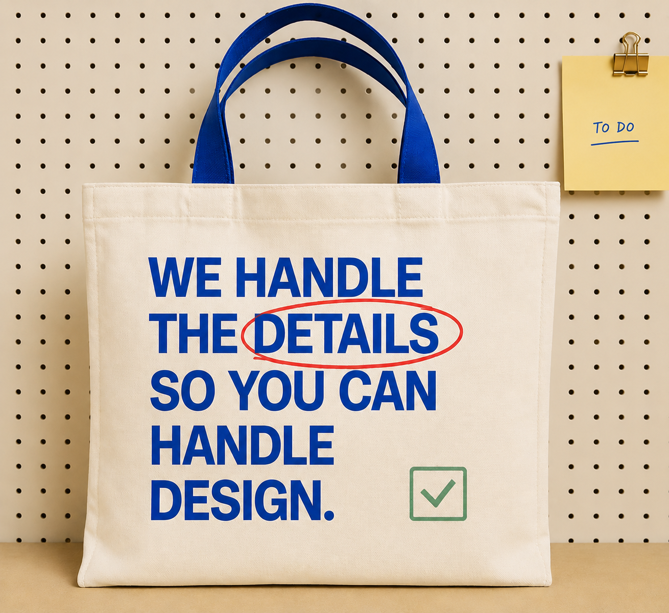 A white tote bag with blue handles hanging on a pegboard, with the words "WE HANDLE THE DETAILS SO YOU CAN HANDLE DESIGN" printed in blue, and the word "DETAILS" is circled in red with a checkmark in a green box below.
